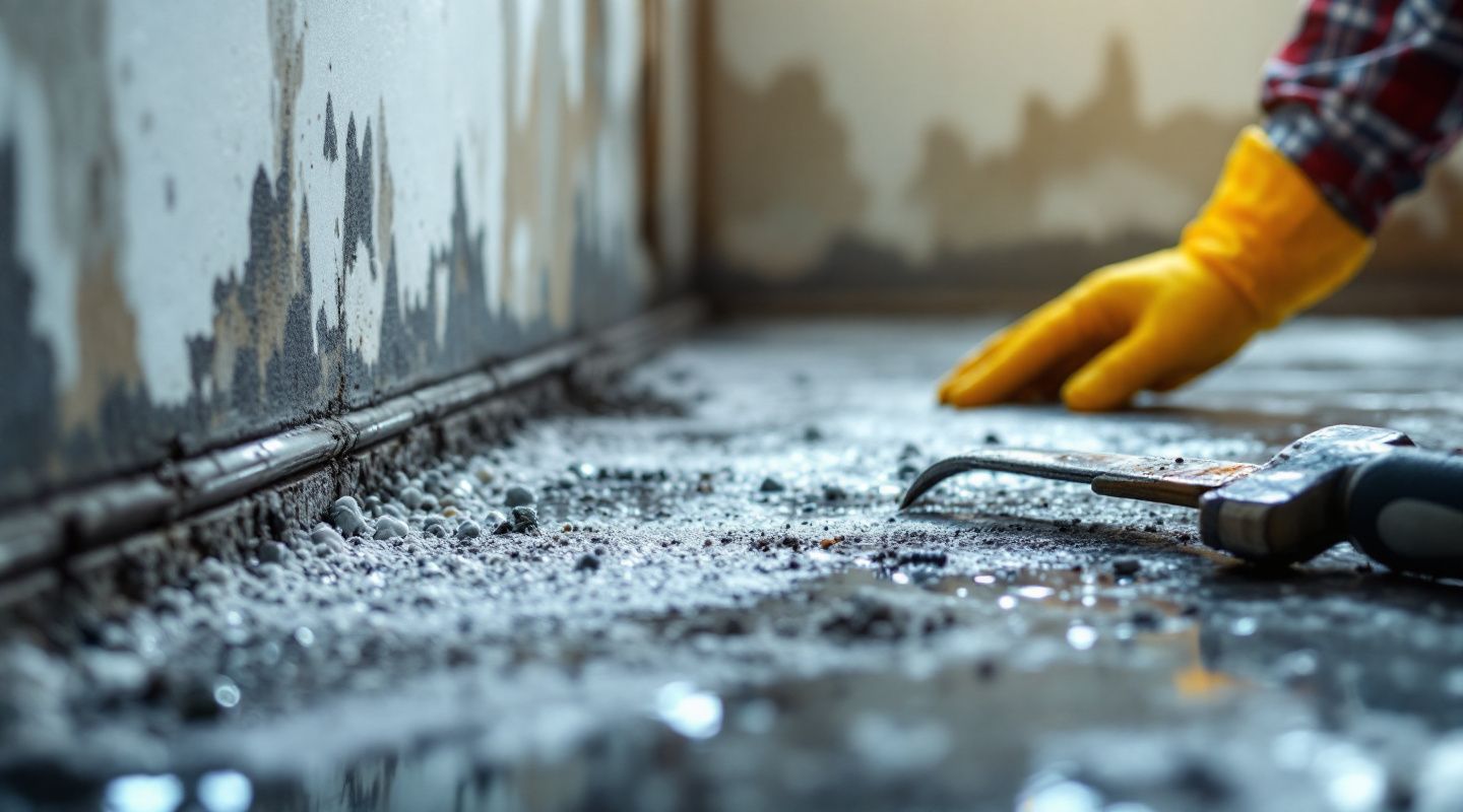 Industrial air scrubbers and yellow lay-flat ducting set up inside a building under negative air pressure containment.